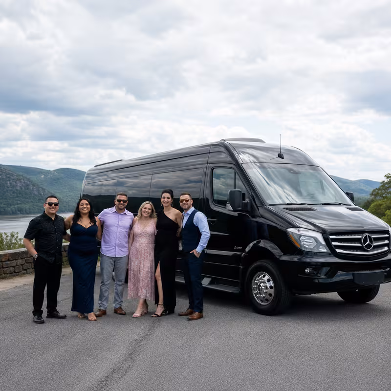 Group beside a Mercedes Sprinter limo from the New York fleet