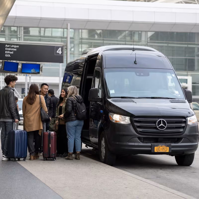 Group boarding a white charter bus for Airport Transportation transportation in New York