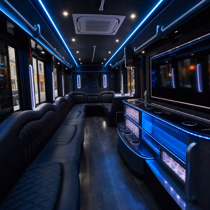 Party bus interior with wraparound leather seating and LED lighting in New York