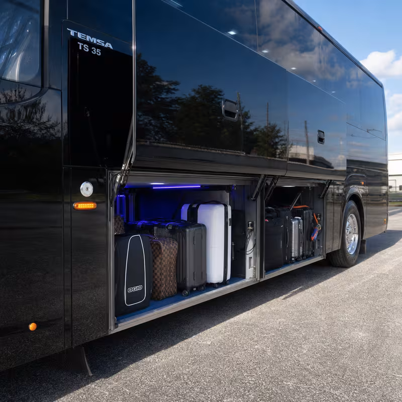 Party bus interior with wraparound leather seating and LED lighting in New York