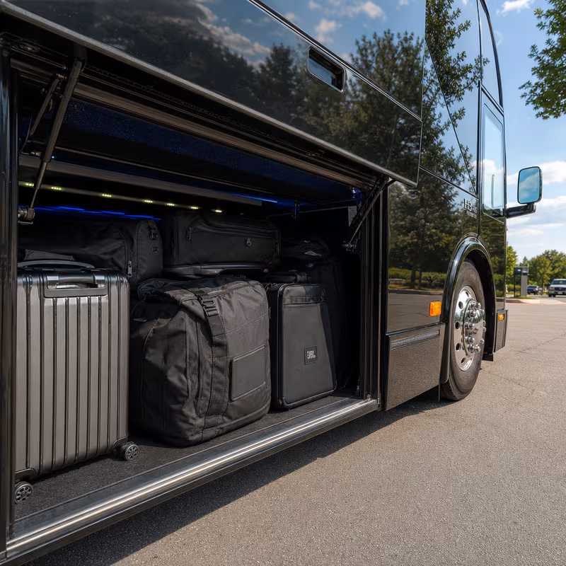 Party bus interior with wraparound leather seating and LED lighting in New York