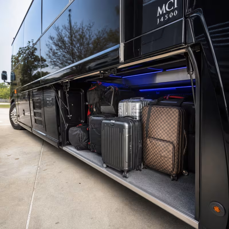 Party bus interior with wraparound leather seating and LED lighting in New York